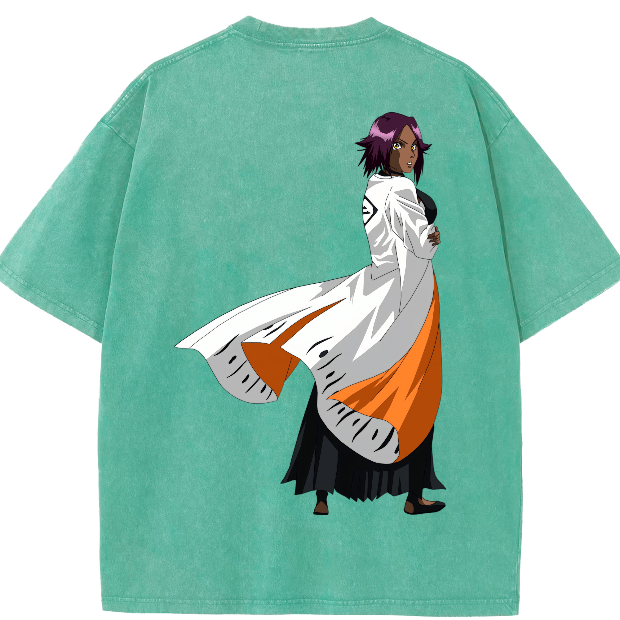 （画像用） ブリーチ 四楓院 夜一（しほういん よるいち） BLEACH Shihouin Yoruichi 綿100% ヴィンテージ風 半袖Tシャツ（背面プリント）